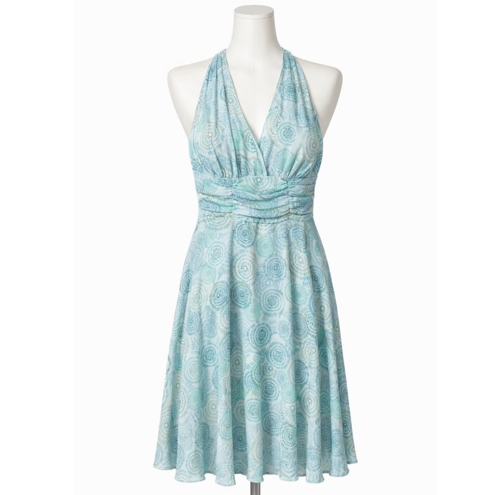 Teal Blue‎ Sunburst Print Halter Neck Ruched Waist Cocktail A-Line Dress